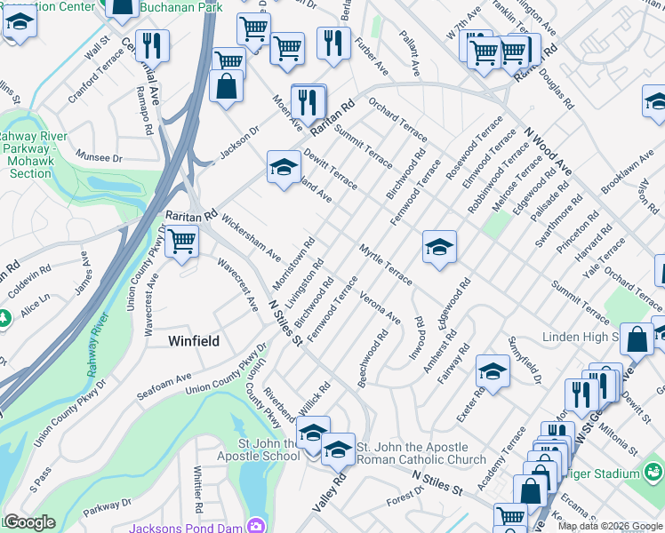 map of restaurants, bars, coffee shops, grocery stores, and more near 2500 Verona Avenue in Linden