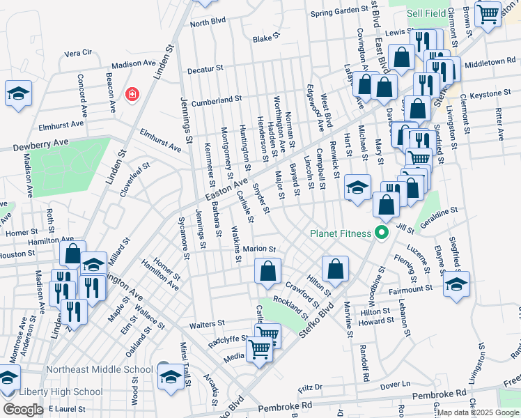 map of restaurants, bars, coffee shops, grocery stores, and more near 1843 Snyder Street in Bethlehem