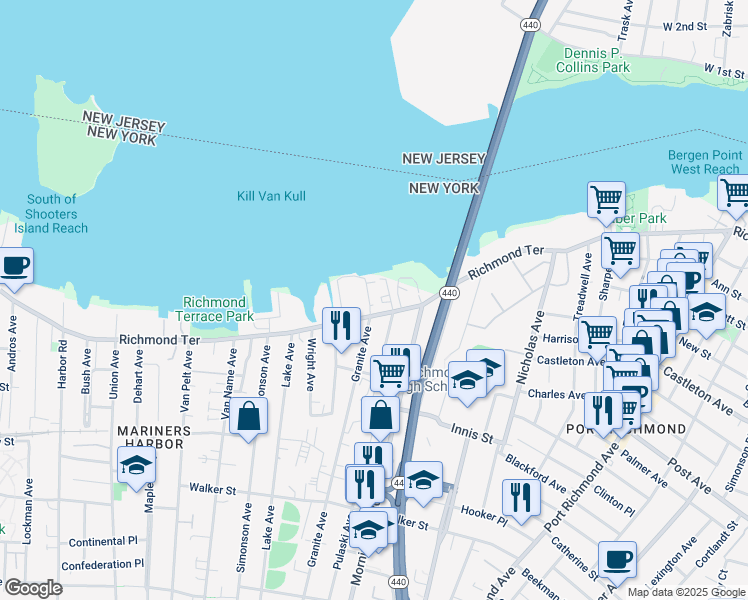 map of restaurants, bars, coffee shops, grocery stores, and more near 2581 Richmond Terrace in Staten Island