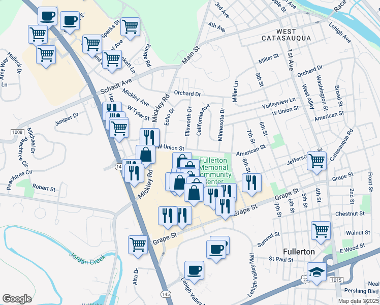 map of restaurants, bars, coffee shops, grocery stores, and more near 1004 West Union Street in Fullerton
