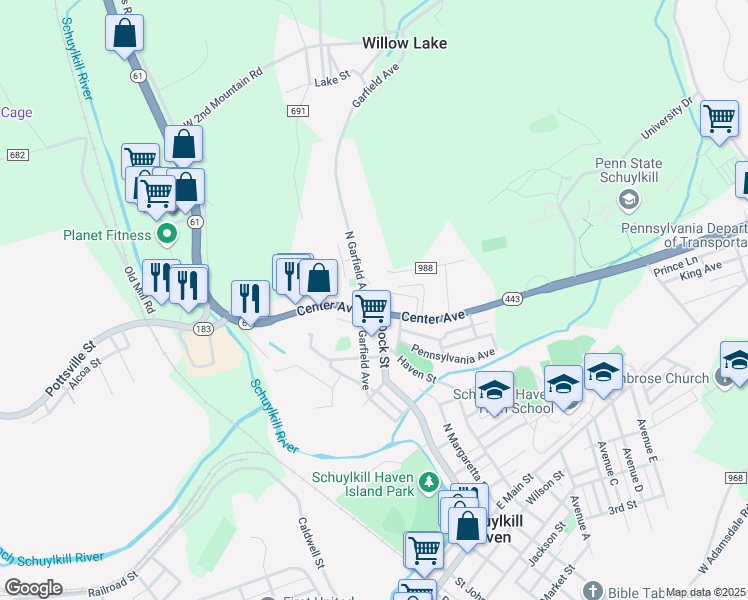map of restaurants, bars, coffee shops, grocery stores, and more near 206 Center Avenue in Schuylkill Haven