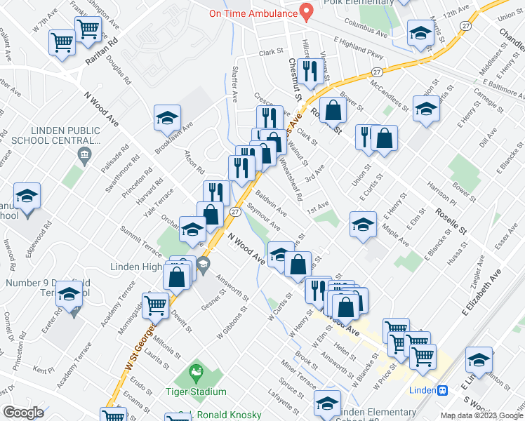 map of restaurants, bars, coffee shops, grocery stores, and more near 914 Seymour Avenue in Linden