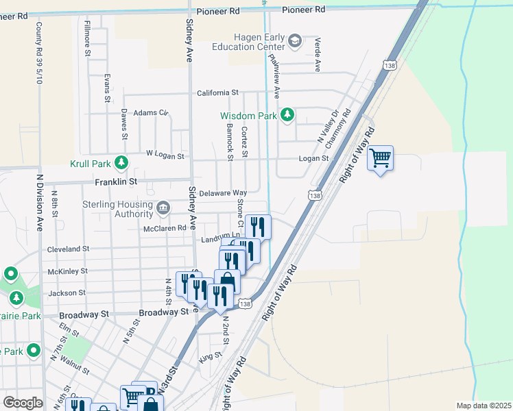 map of restaurants, bars, coffee shops, grocery stores, and more near 114 Magnolia Lane in Sterling