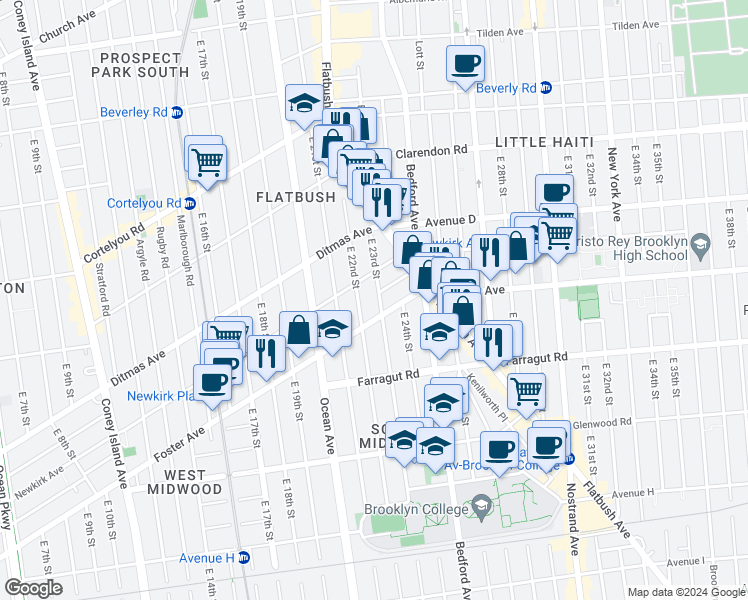 map of restaurants, bars, coffee shops, grocery stores, and more near 490 East 23rd Street in Brooklyn