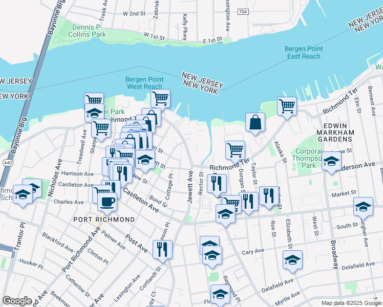 map of restaurants, bars, coffee shops, grocery stores, and more near 1933 Richmond Terrace in Staten Island