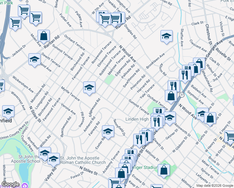 map of restaurants, bars, coffee shops, grocery stores, and more near 204 Swarthmore Road in Linden