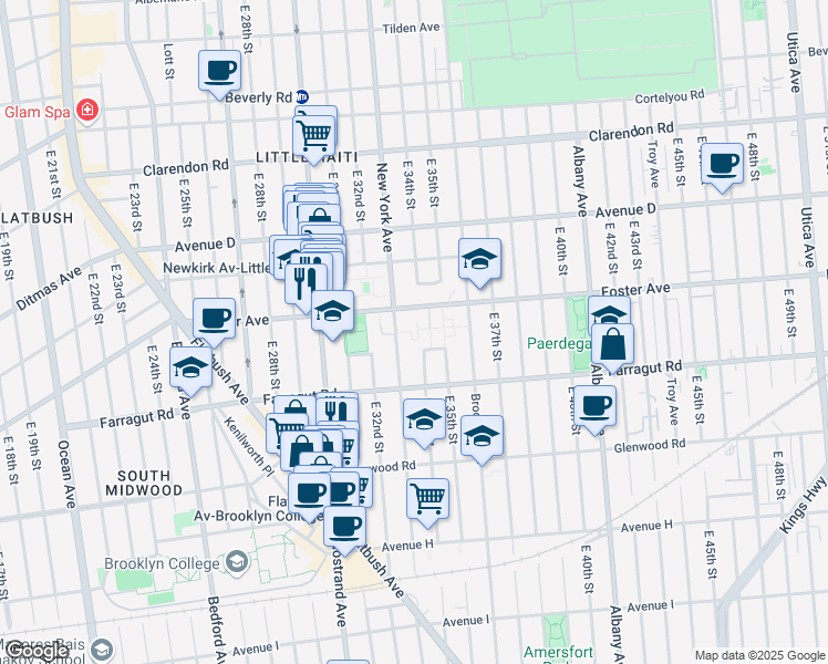 map of restaurants, bars, coffee shops, grocery stores, and more near 1401 New York Avenue in Brooklyn