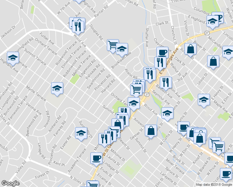 map of restaurants, bars, coffee shops, grocery stores, and more near 1300 Orchard Terrace in Linden