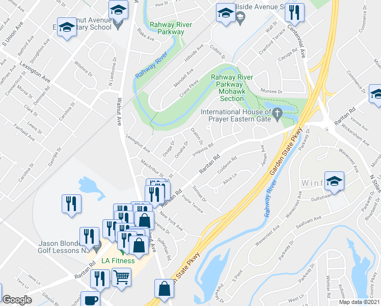 map of restaurants, bars, coffee shops, grocery stores, and more near 30 Iroquois Road in Cranford