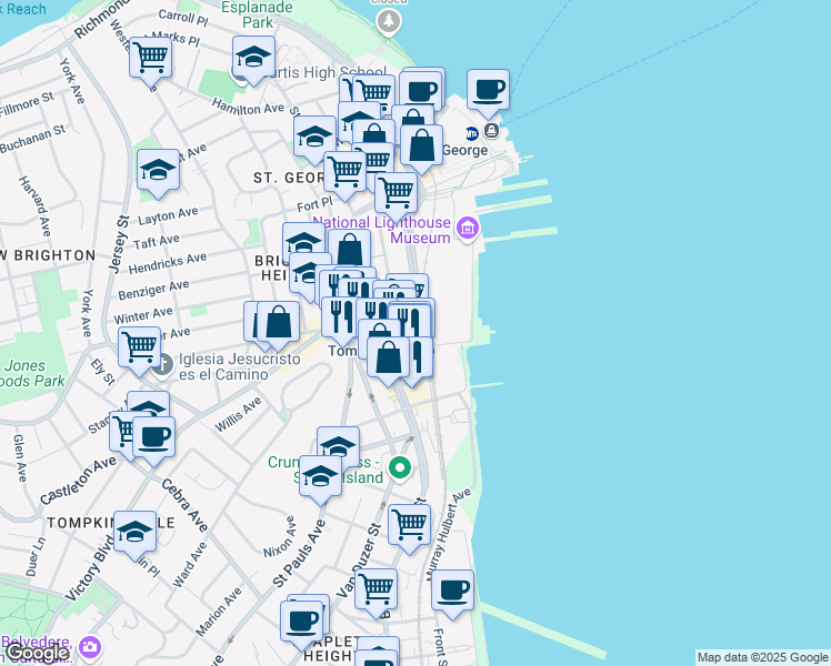 map of restaurants, bars, coffee shops, grocery stores, and more near 155 Bay Street in Staten Island