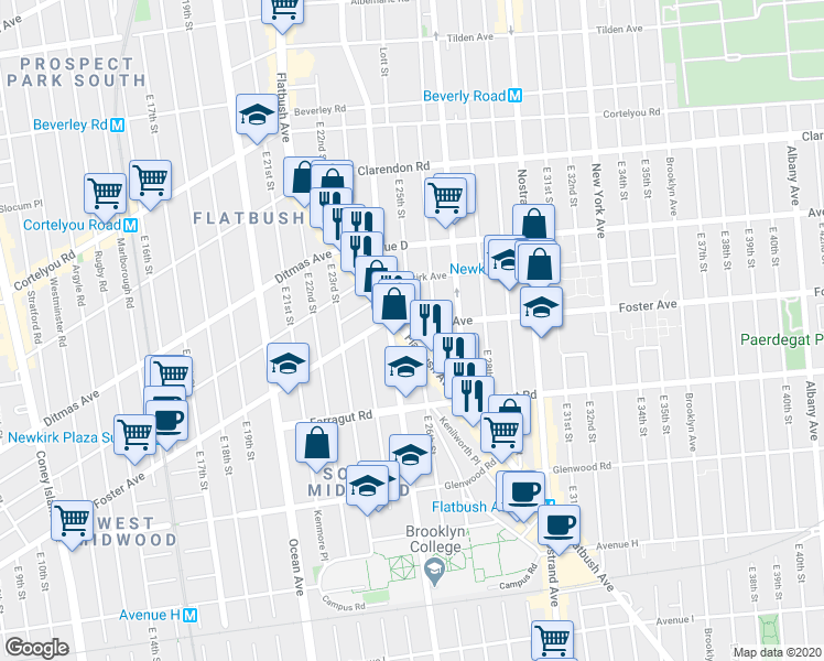 map of restaurants, bars, coffee shops, grocery stores, and more near 1347 Flatbush Avenue in Brooklyn