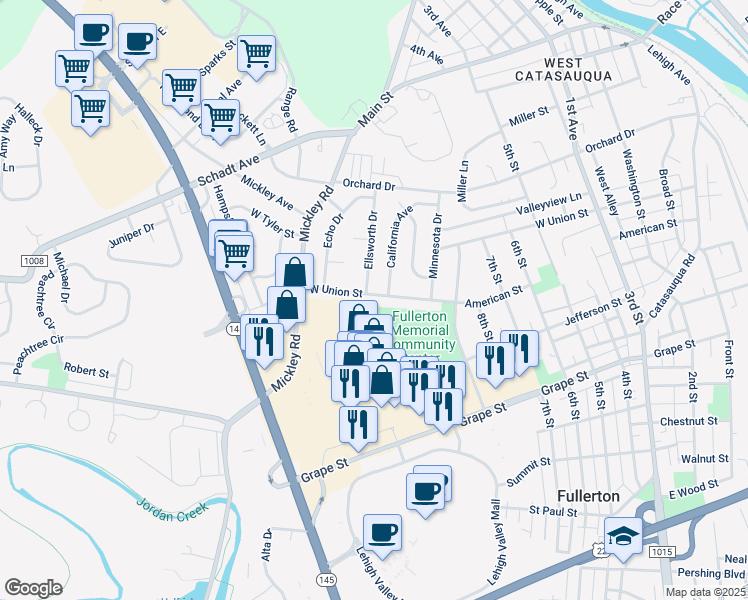 map of restaurants, bars, coffee shops, grocery stores, and more near 1004 West Union Street in Fullerton