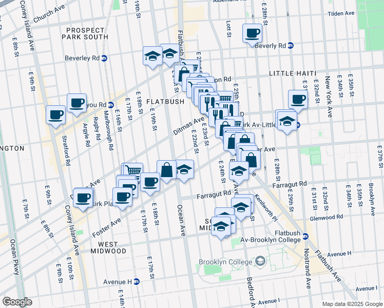 map of restaurants, bars, coffee shops, grocery stores, and more near 651 East 21st Street in Brooklyn