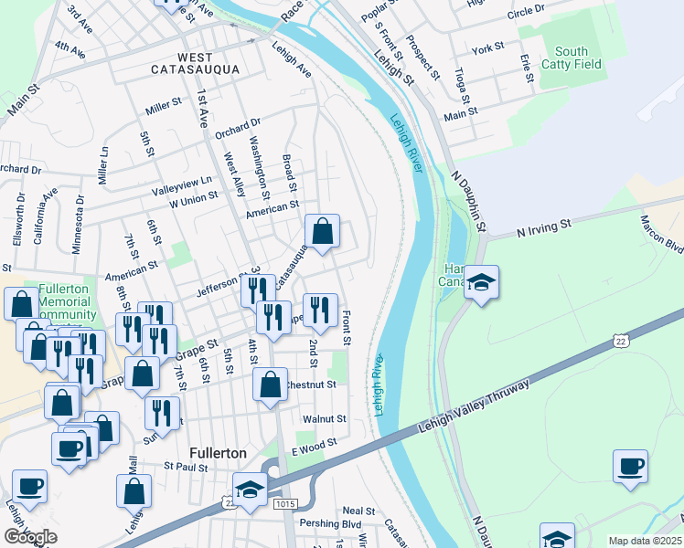 map of restaurants, bars, coffee shops, grocery stores, and more near 36 Franklin Street in Fullerton
