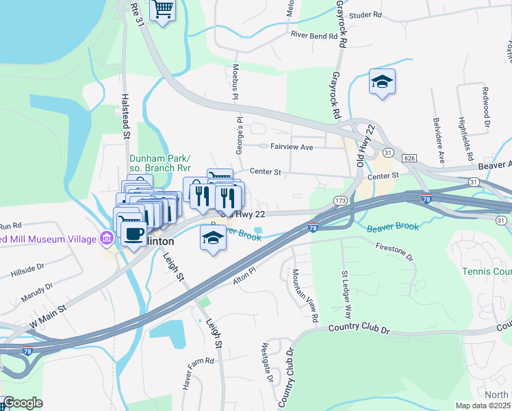 map of restaurants, bars, coffee shops, grocery stores, and more near 53 1/2 Old Highway 22 in Clinton