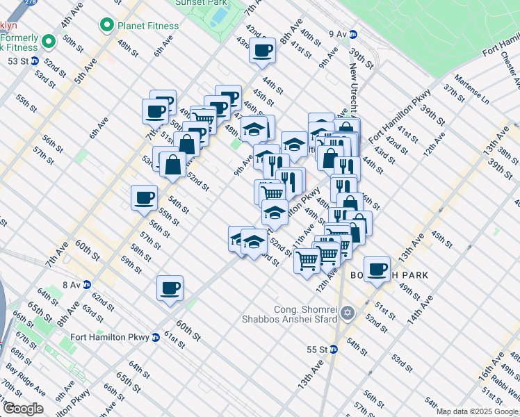 map of restaurants, bars, coffee shops, grocery stores, and more near 5015 10th Avenue in Brooklyn