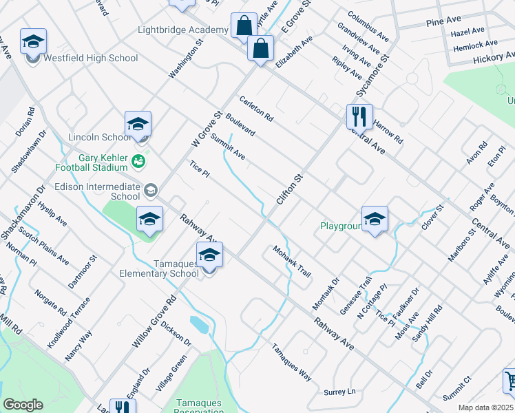 map of restaurants, bars, coffee shops, grocery stores, and more near 921 Tice Place in Westfield
