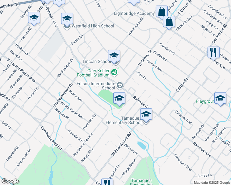 map of restaurants, bars, coffee shops, grocery stores, and more near 800 Rahway Avenue in Westfield