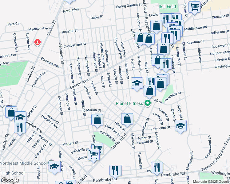 map of restaurants, bars, coffee shops, grocery stores, and more near 1819 Lincoln Street in Bethlehem