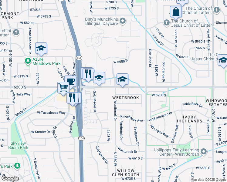 map of restaurants, bars, coffee shops, grocery stores, and more near 6222 South Westbrook Drive in Taylorsville
