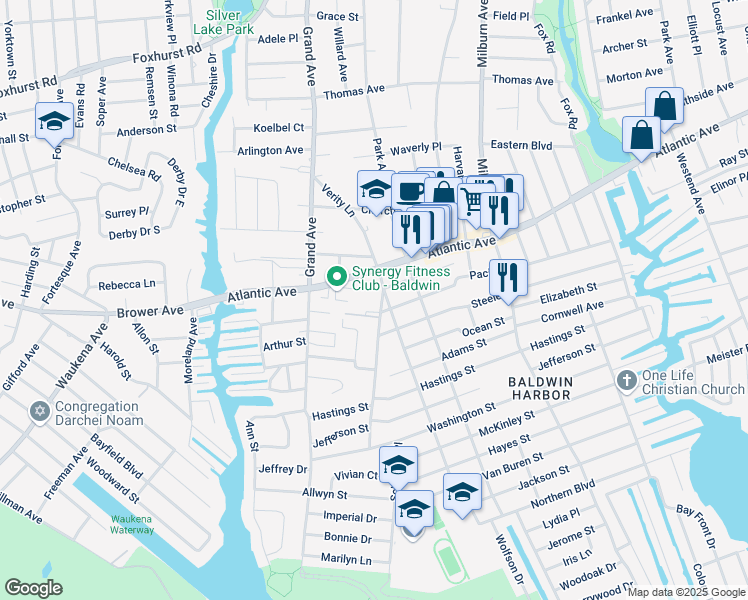 map of restaurants, bars, coffee shops, grocery stores, and more near 2941 Western Boulevard in Baldwin