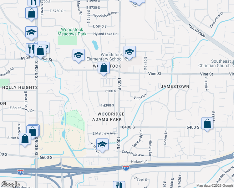 map of restaurants, bars, coffee shops, grocery stores, and more near 6231 South 1280 East in Murray