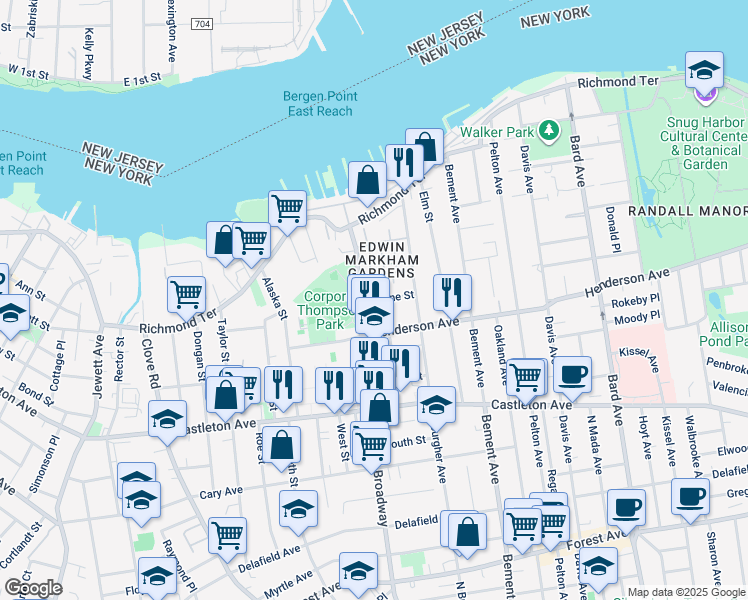 map of restaurants, bars, coffee shops, grocery stores, and more near 50 Wayne Street in Staten Island