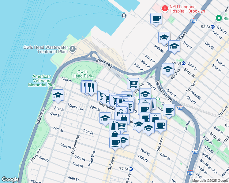 map of restaurants, bars, coffee shops, grocery stores, and more near 6735 Ridge Boulevard in Brooklyn