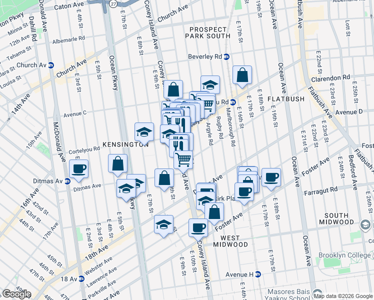 map of restaurants, bars, coffee shops, grocery stores, and more near 797 Coney Island Avenue in Brooklyn