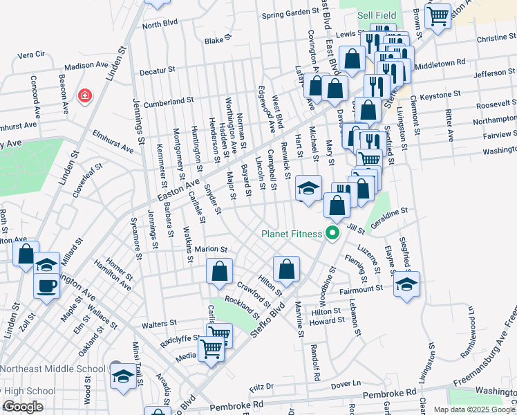 map of restaurants, bars, coffee shops, grocery stores, and more near 1819 Lincoln Street in Bethlehem