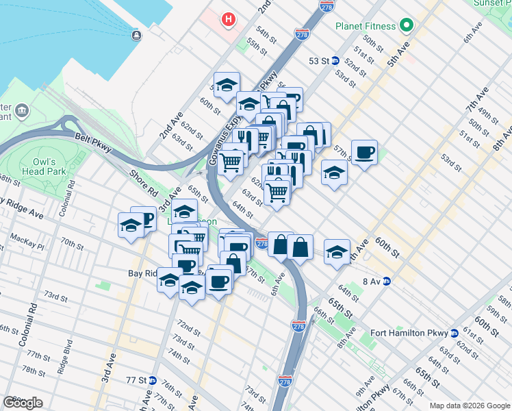 map of restaurants, bars, coffee shops, grocery stores, and more near 452 63rd Street in Brooklyn