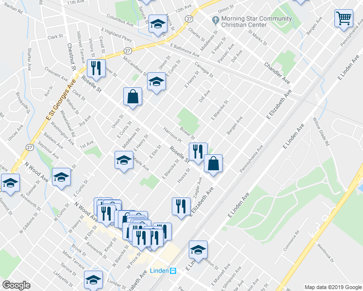 map of restaurants, bars, coffee shops, grocery stores, and more near 511 Harrison Place in Linden