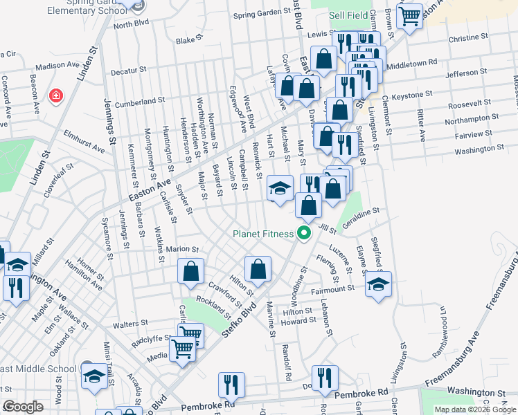 map of restaurants, bars, coffee shops, grocery stores, and more near 1836 Campbell Street in Bethlehem