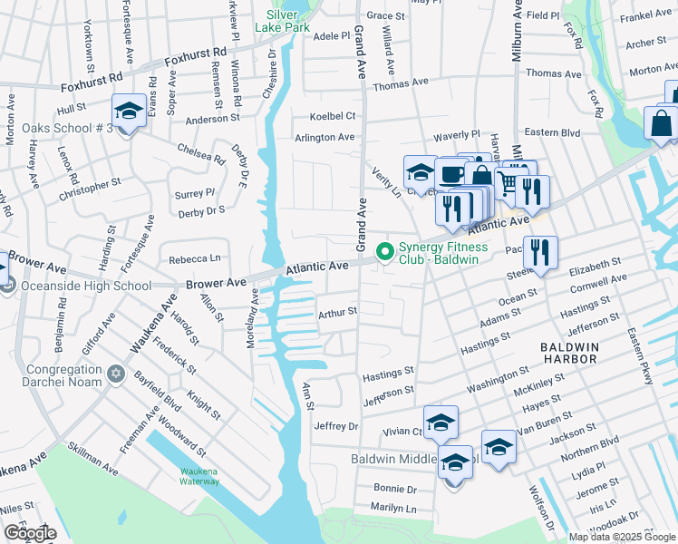map of restaurants, bars, coffee shops, grocery stores, and more near 706 Atlantic Avenue in Baldwin