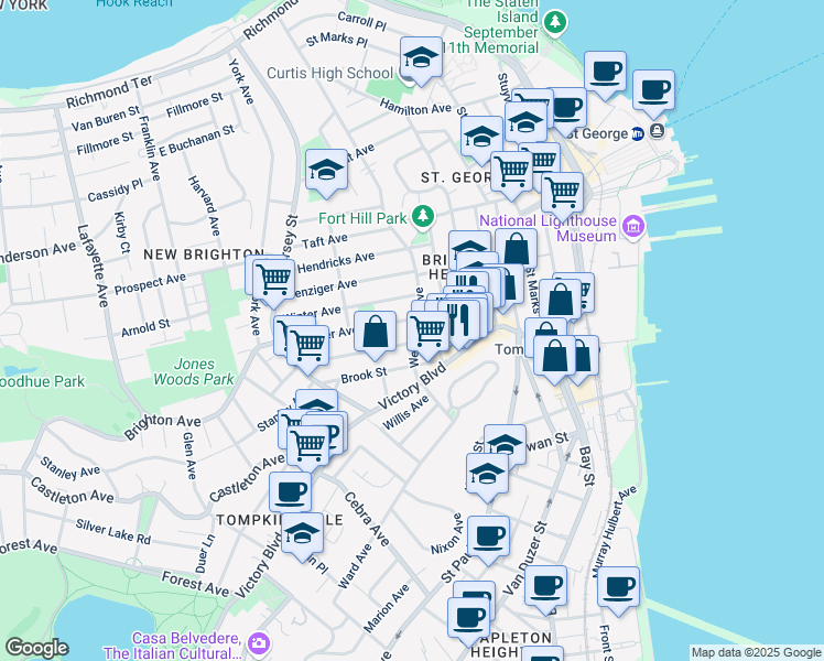 map of restaurants, bars, coffee shops, grocery stores, and more near 416 Westervelt Avenue in Staten Island