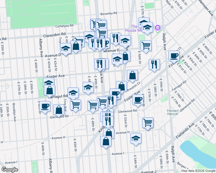 map of restaurants, bars, coffee shops, grocery stores, and more near 938 East 51st Street in Brooklyn
