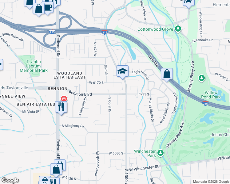 map of restaurants, bars, coffee shops, grocery stores, and more near 1396 Bennion Boulevard in Taylorsville
