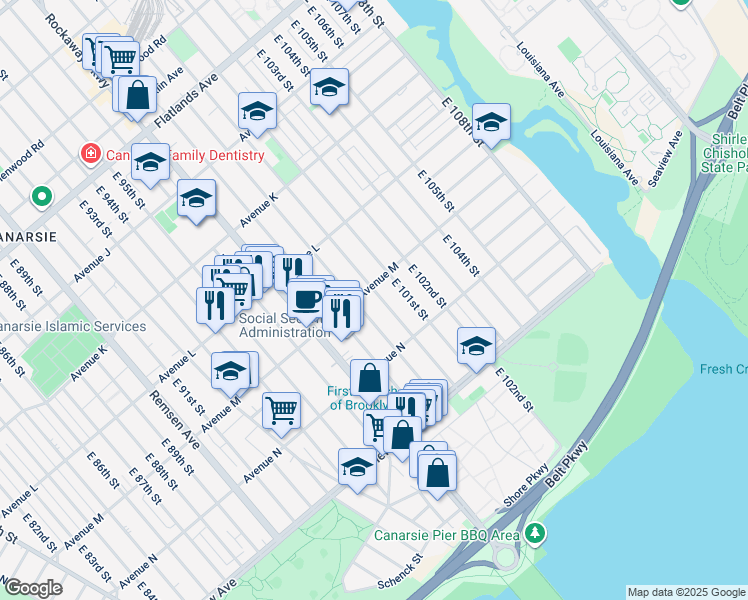 map of restaurants, bars, coffee shops, grocery stores, and more near 1305 East 99th Street in Brooklyn