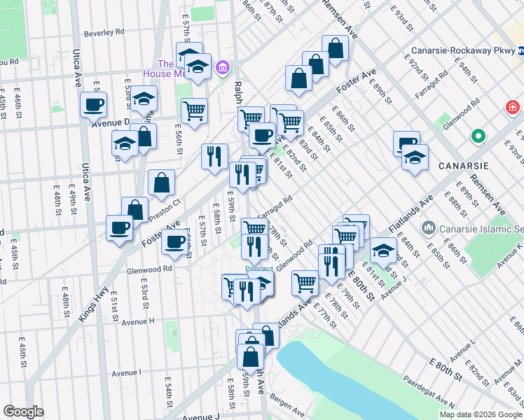 map of restaurants, bars, coffee shops, grocery stores, and more near 531 East 78th Street in Brooklyn