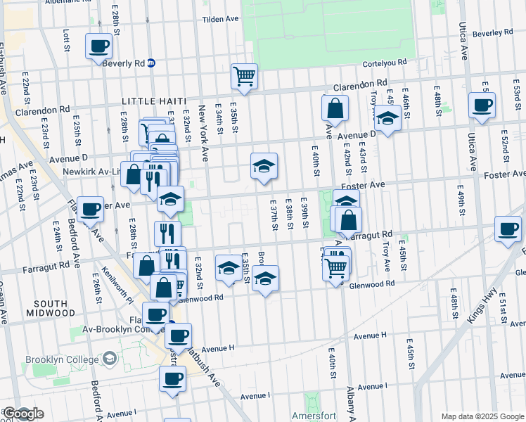 map of restaurants, bars, coffee shops, grocery stores, and more near 1420 Brooklyn Avenue in Brooklyn