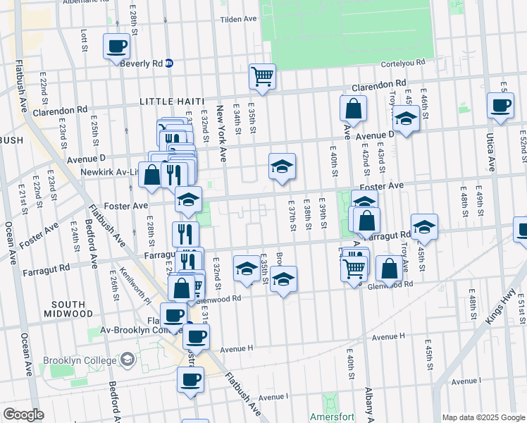 map of restaurants, bars, coffee shops, grocery stores, and more near 1420 Brooklyn Avenue in Brooklyn