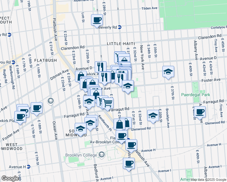 map of restaurants, bars, coffee shops, grocery stores, and more near 517 East 28th Street in Brooklyn