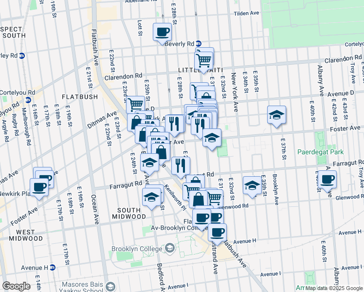 map of restaurants, bars, coffee shops, grocery stores, and more near 517 East 28th Street in Brooklyn