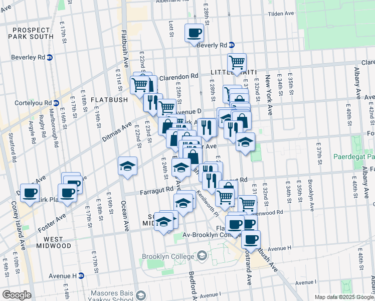 map of restaurants, bars, coffee shops, grocery stores, and more near 1351 Flatbush Avenue in Brooklyn