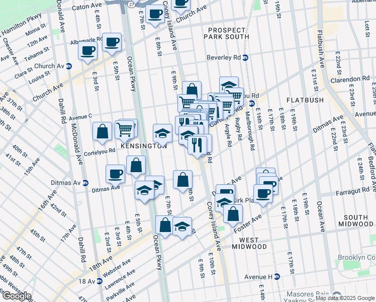map of restaurants, bars, coffee shops, grocery stores, and more near 425 East 9th Street in Brooklyn