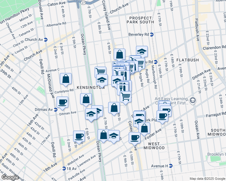 map of restaurants, bars, coffee shops, grocery stores, and more near 425 East 9th Street in Brooklyn