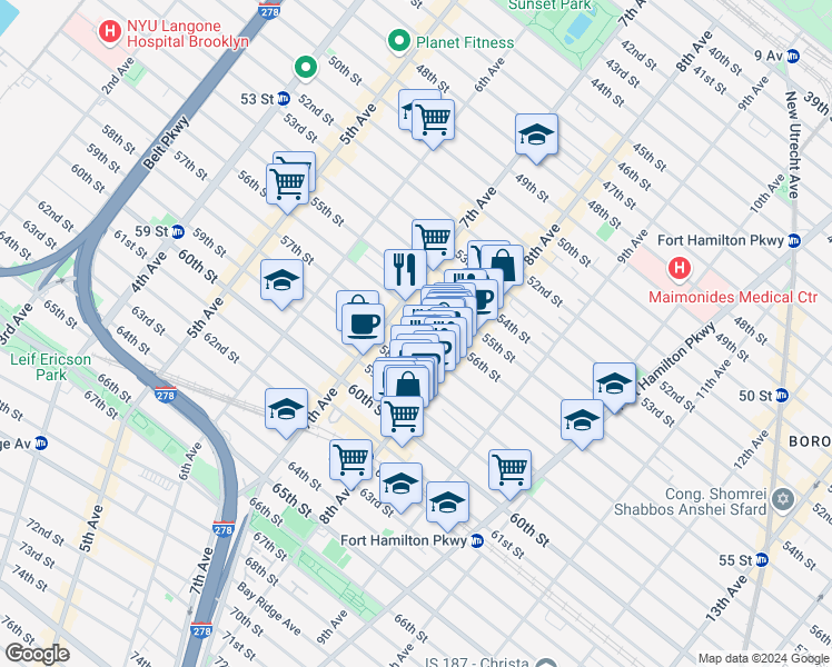map of restaurants, bars, coffee shops, grocery stores, and more near 747 57th Street in Brooklyn