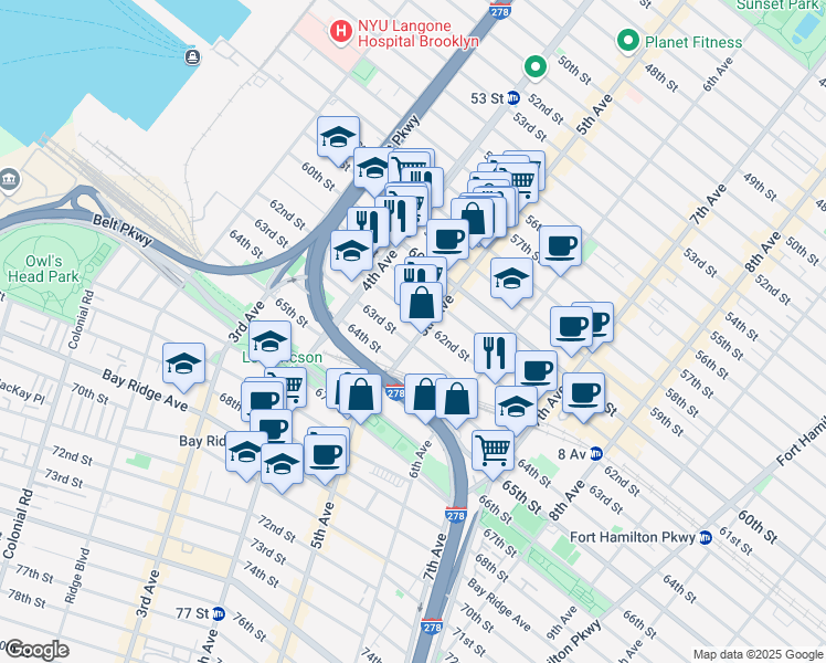 map of restaurants, bars, coffee shops, grocery stores, and more near 6209 5th Avenue in Brooklyn