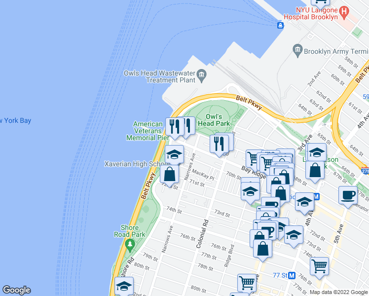 map of restaurants, bars, coffee shops, grocery stores, and more near 11 70th Street in Brooklyn