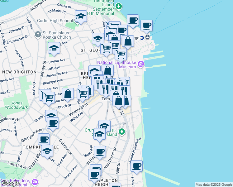 map of restaurants, bars, coffee shops, grocery stores, and more near 16 Saint Pauls Avenue in Staten Island